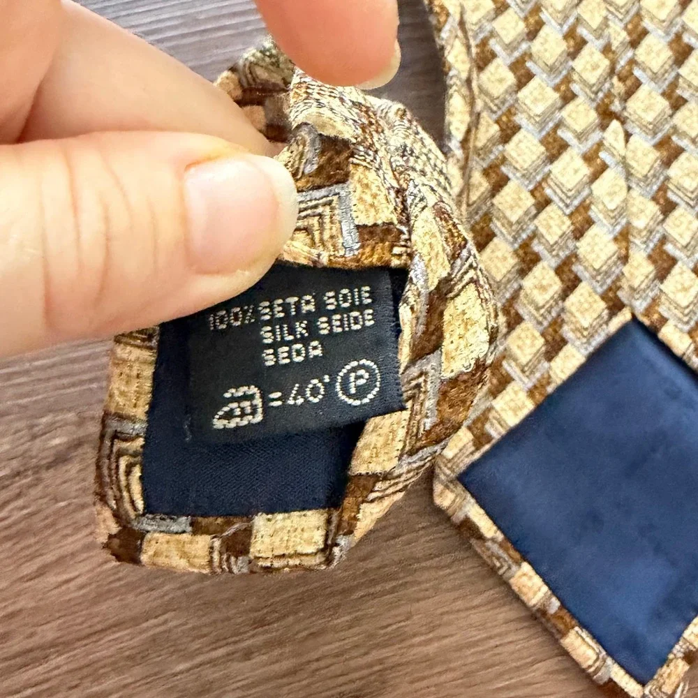 Ermenegildo Zegna Silk Tie Mens Gold Brown Geometric Diamond Woven Italy 60in‎